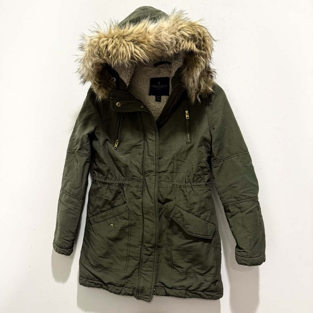 American Eagle Army Green Fur Trim Removable Hood Full Zip Jacket Coat Size XS - Picture 11 of 12